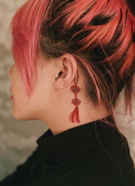 Gorgeous-Red-Chinese-Tattoo-Behind-Ear
